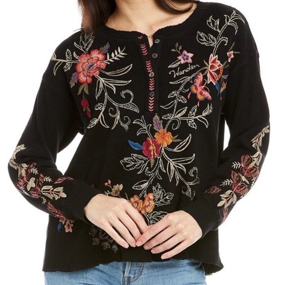 Johnny Was Taline M Floral Heavily Embroidered Thermal Black Cotton Henley Top - Picture 6 of 16